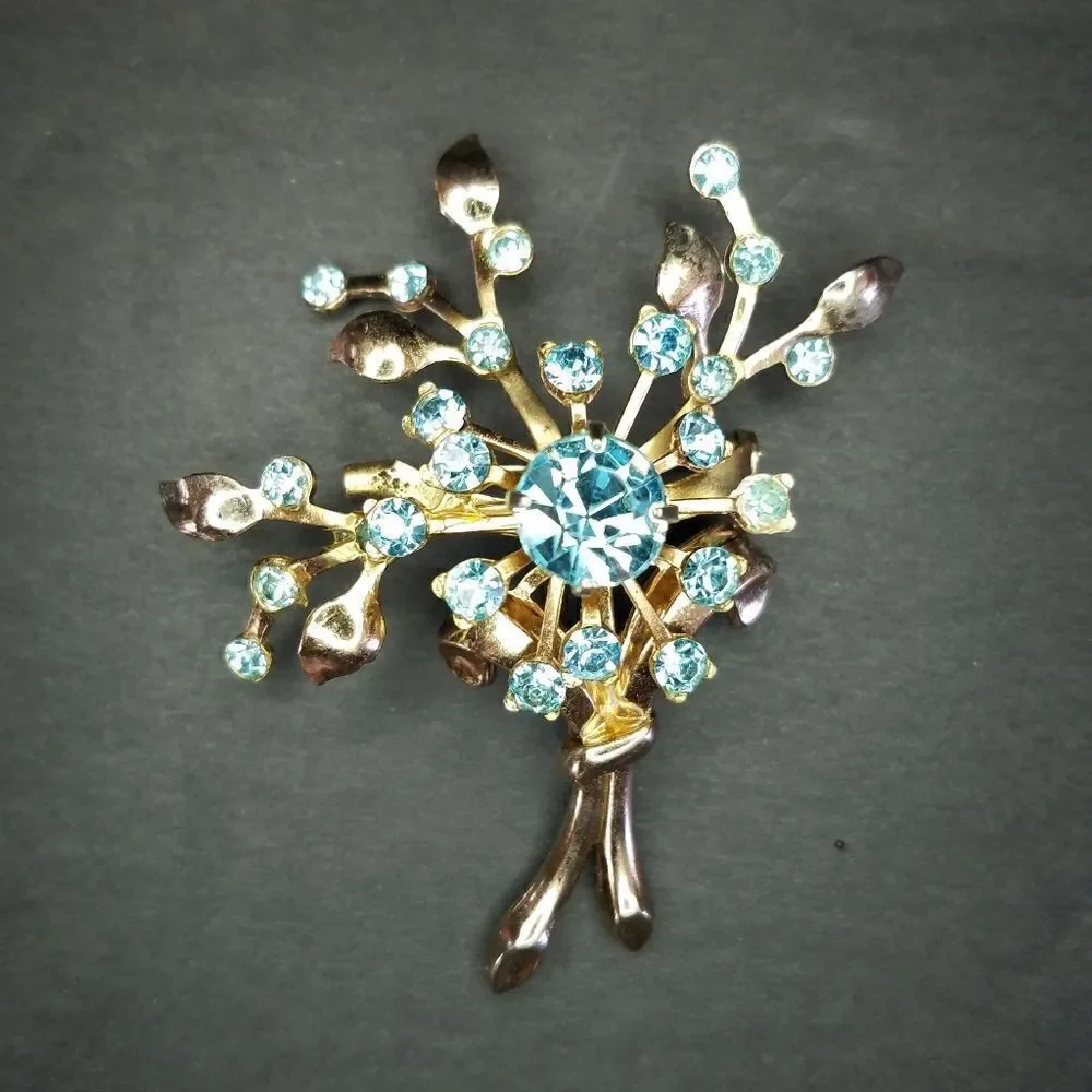 Vintage Signed Coro Pastel Blue Rhinestone Floral Bouquet Gold Tone Brooch Pin